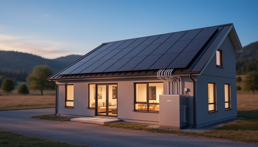 “Off-grid home with rooftop solar panels and an outdoor battery storage unit at golden hour, with warm interior lights visible through windows.”