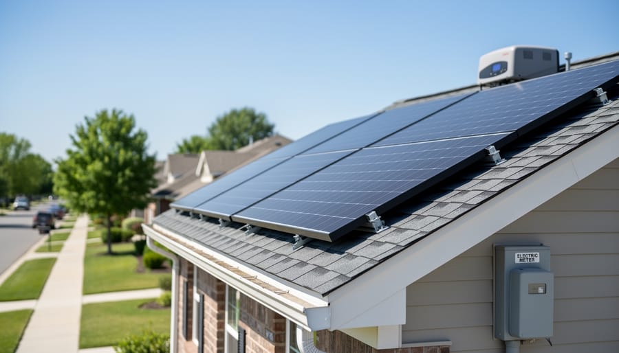 Close view of a suburban house roof with installed solar panels in sunny daylight, suggesting residential solar power in 2026.