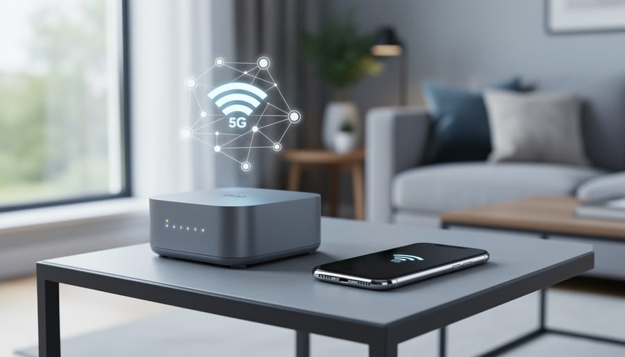 A sleek 5G home internet receiver in a modern living room next to a smartphone, suggesting wireless internet connectivity for home devices.