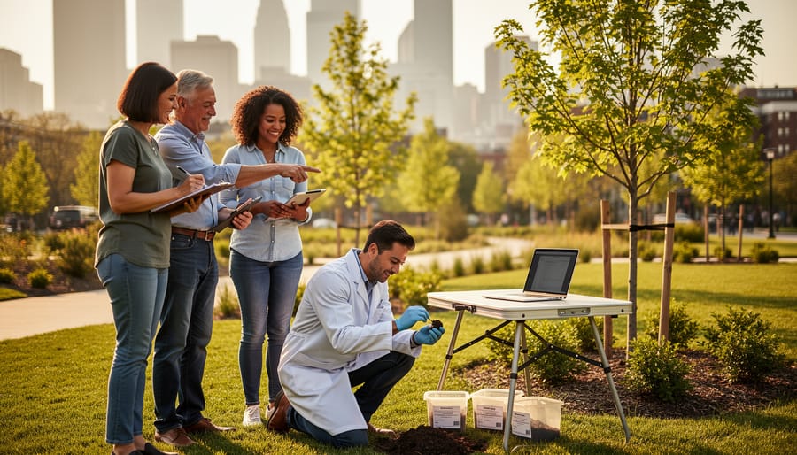 “People and an environmental scientist collaborate in an urban green space, with trees and a soil sample near a folding table during golden hour.”