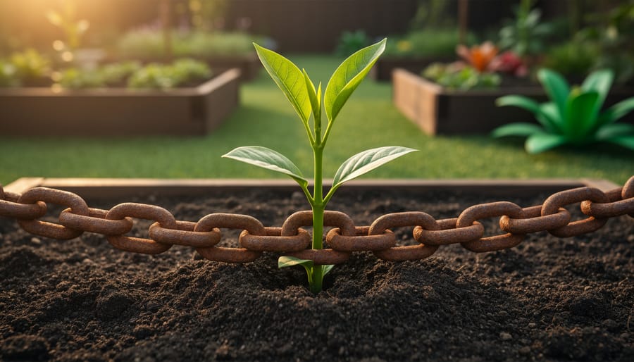 Close-up of a green seedling in rich soil with a rusty chain wrapped around its stem, lit by warm evening light, with a blurred background of garden beds and hints of artificial turf.