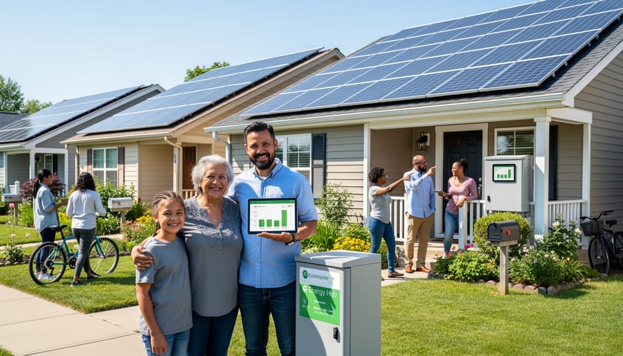 Family standing proudly in front of their solar-powered home