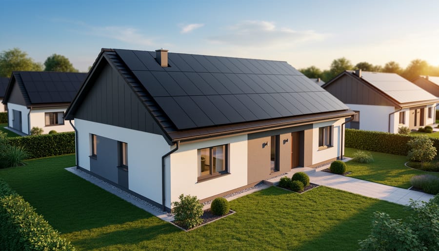 Elevated view of a modern house with a south-facing roof covered in dark monocrystalline solar panels, lit by golden-hour sunlight, with yard, neighboring rooftops, trees, and soft sky in the background.