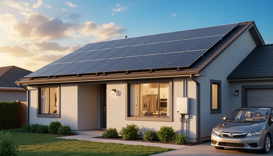 Modern home with multiple solar panels installed across residential rooftop