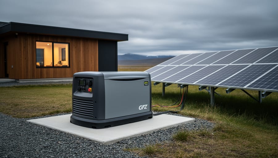 Outdoor backup generator near an off-grid home during golden hour
