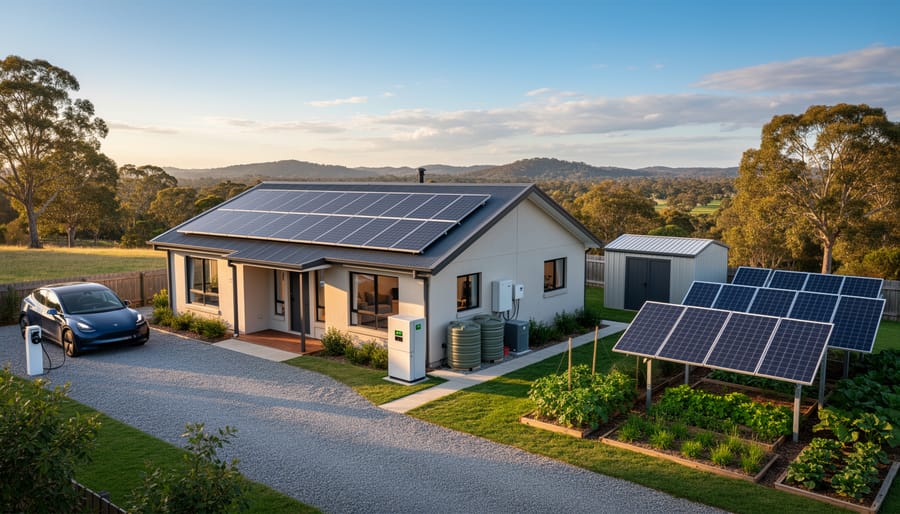 Off-grid home exterior with roof-mounted solar panels under warm golden-hour sunlight
