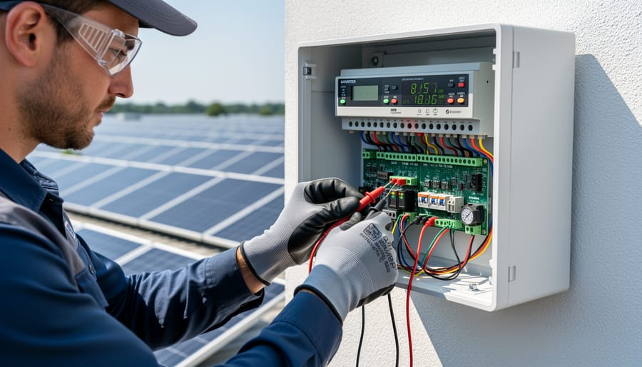 Technician hands connecting cables inside an off-grid solar power equipment shed