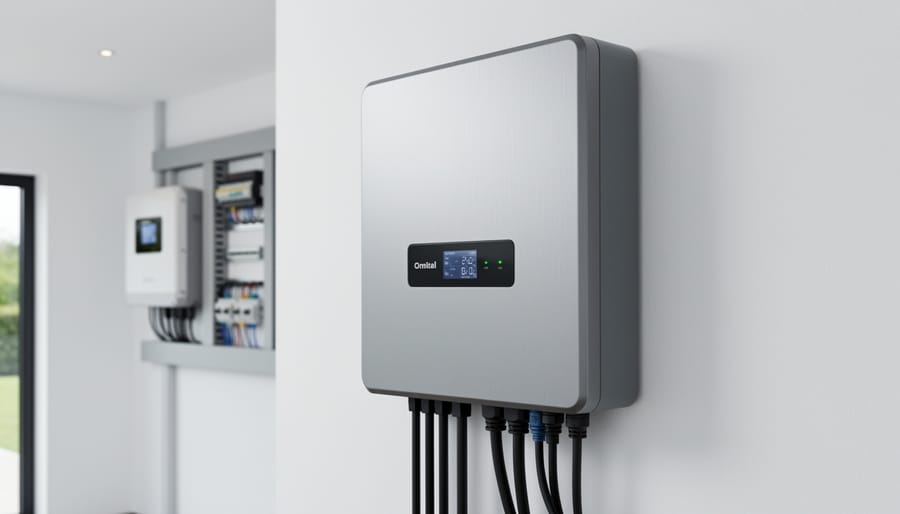 Medium close-up of an off-grid solar battery enclosure with neatly routed cables