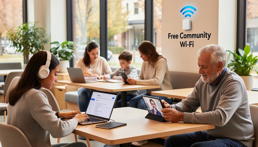 Family using laptops and tablets in a community setting near a gateway device