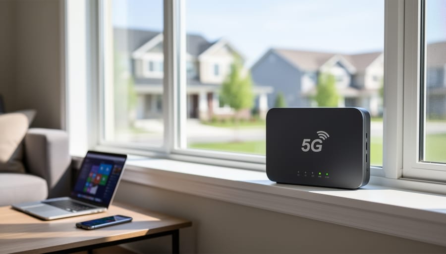 Gateway router near a living-room window with a smartphone nearby