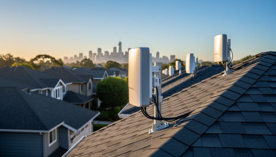 Rooftop fixed wireless antenna mounted on a suburban home at dusk