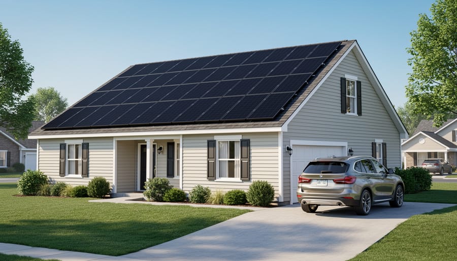 Rooftop solar panels installed on a modern suburban home during golden hour