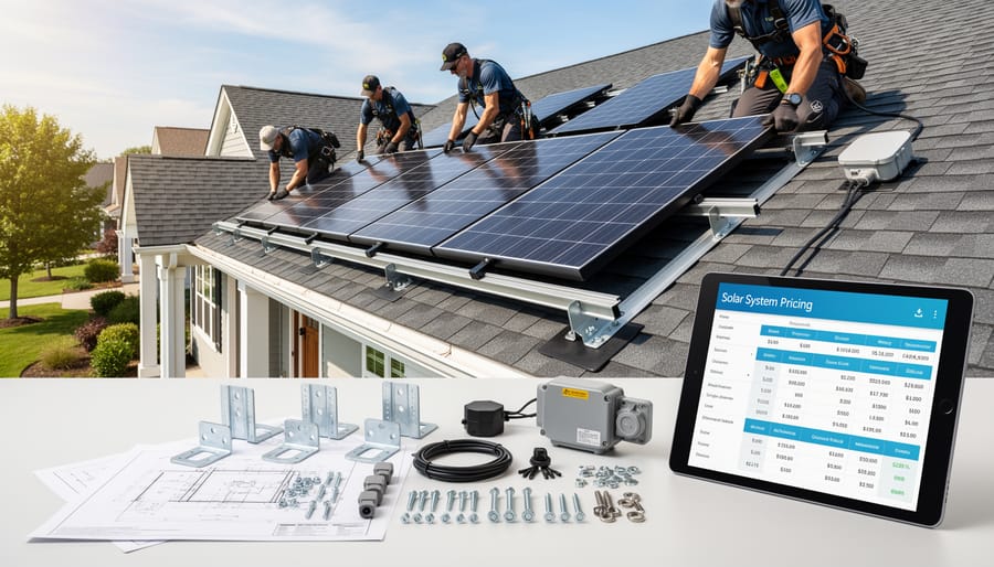 Solar installer adjusting rooftop mounting hardware next to solar panels