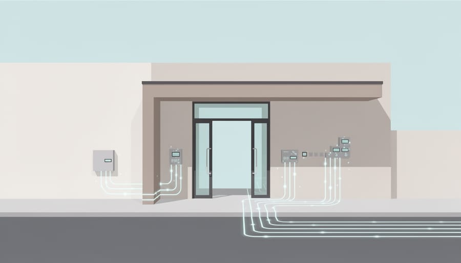 Community building entrance with nearby fiber-ready outdoor equipment and golden-hour lighting