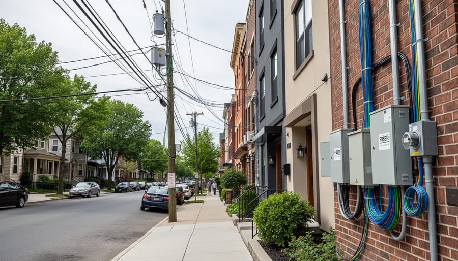 Residential street at dusk with an access panel and organized cables near the sidewalk in Toronto.