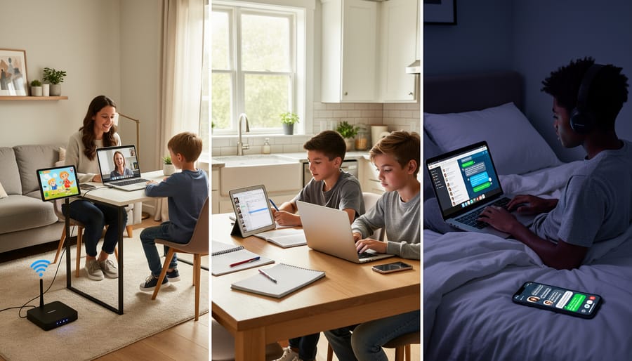 Family members using laptops during a video call and online homework at a kitchen table