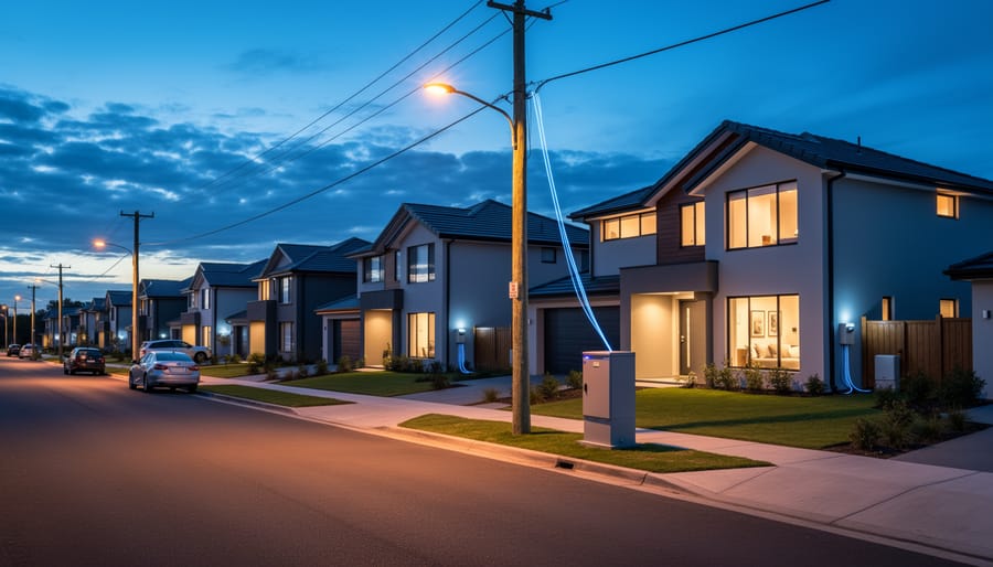 Street-level view of a residential neighborhood with utility poles and nearby telecom infrastructure boxes visible