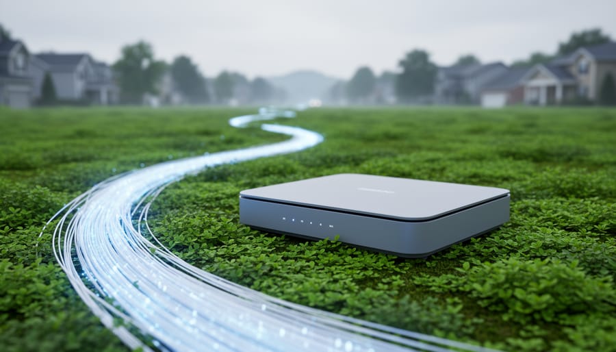 Fiber optic cable and network router on green landscape with softly blurred neighborhood in the background, conveying high-speed connectivity for community growth