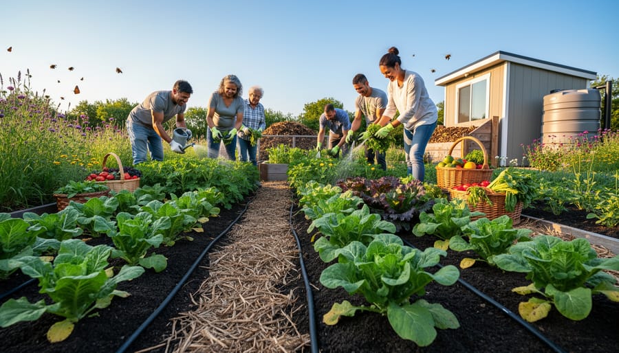 Child watering an abundant vegetable garden bed with a rainwater barrel and greenhouse elements blurred in the background.