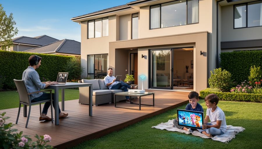 Family using a tablet outdoors near a Wi‑Fi router in a Toronto-area backyard during golden hour.