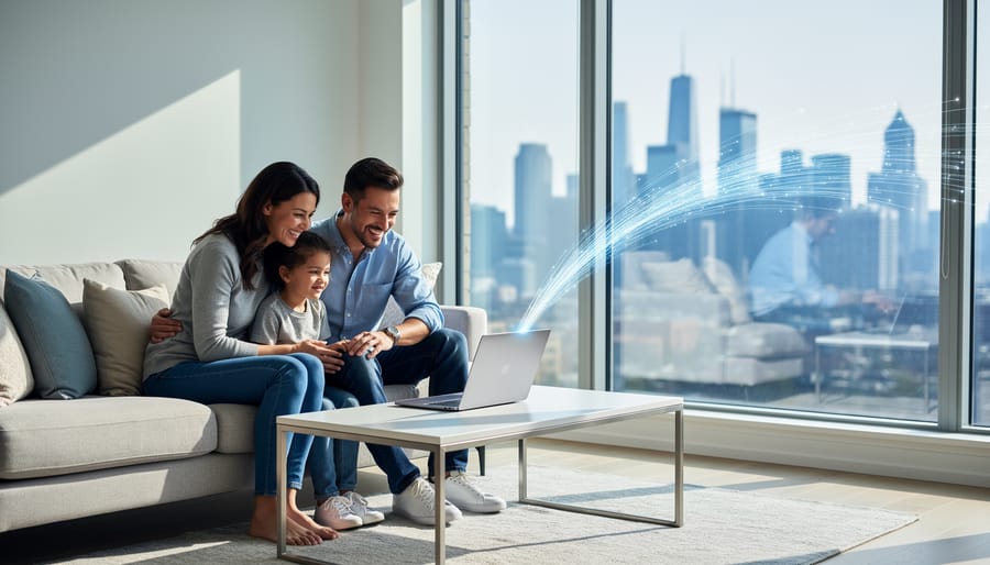 “Toronto family using a laptop in a bright living room, with subtle glowing fiber-optic light suggesting high-speed internet connectivity.”