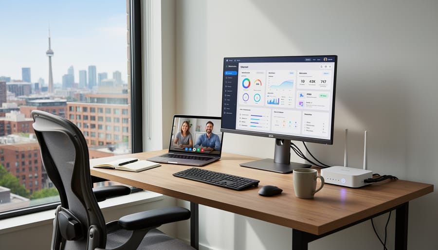 Person working on a laptop in a modern Toronto home office with a router connected by cables.