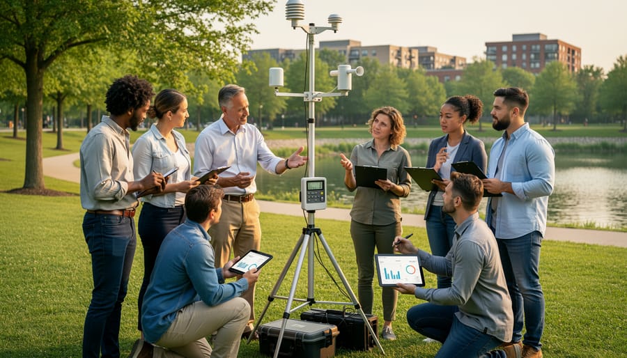 Community members standing outdoors near environmental monitoring equipment in a grassy field