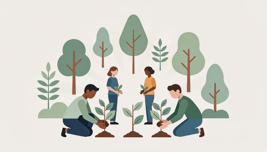 Volunteer kneeling to plant a sapling in a community green space during golden hour