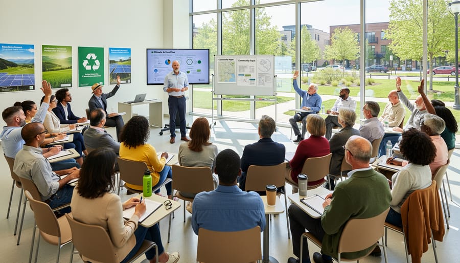 People seated in a town hall meeting with a microphone on the panel table
