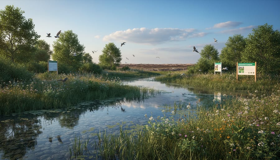 Sunrise view of a restored river and wetland with reeds and calm water