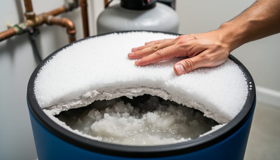 Close-up of a brine tank showing a hardened salt crust with a gloved hand indicating salt bridging