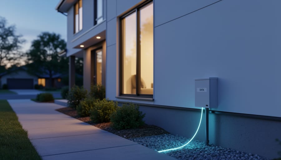 Close view of a modern home exterior where a fiber-optic cable enters through a conduit, illuminated subtly against a dusk neighborhood background.