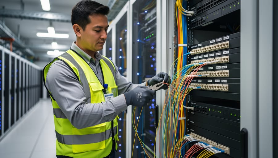 Fiber optic technician holding an orange fiber cable reel in a utility workspace