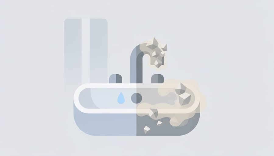 Faucet aerator and sink showing mineral scale and soap scum buildup