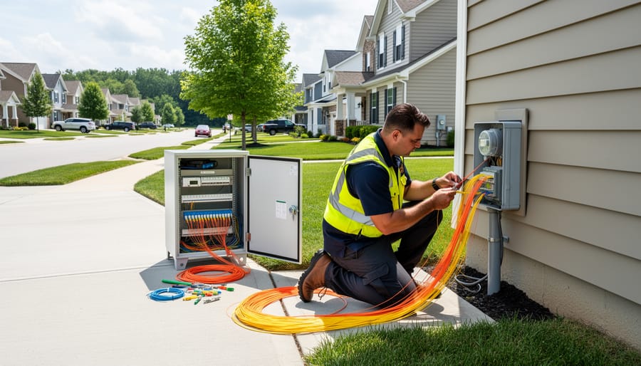 Exterior fiber termination box and cable near a residential home on a suburban street