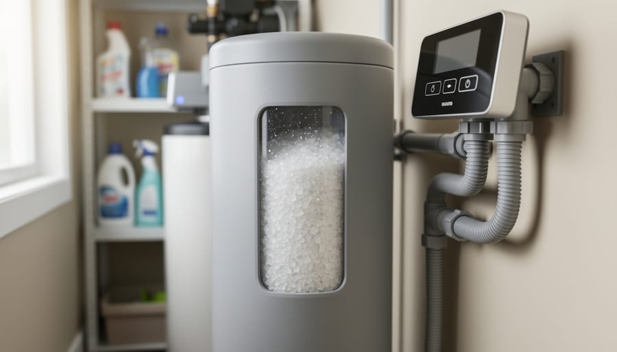 Close-up of a residential water softener brine tank showing loose salt granules and a nearby control head in a utility closet.