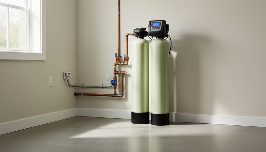Household water softener unit in a basement with the salt tank door open and clean salt visible